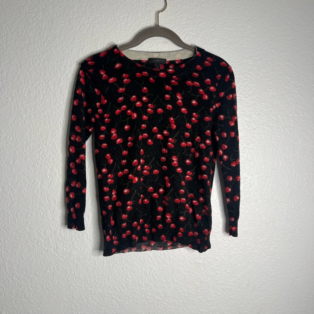 J Crew Black and Red Cherry Wool Sweater Medium